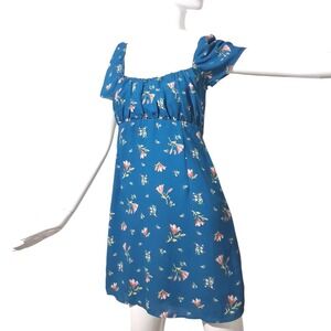 Y2k Empire Waist Cloud Sky Womens size Medium Floral Flowy Open Back Mini Dress